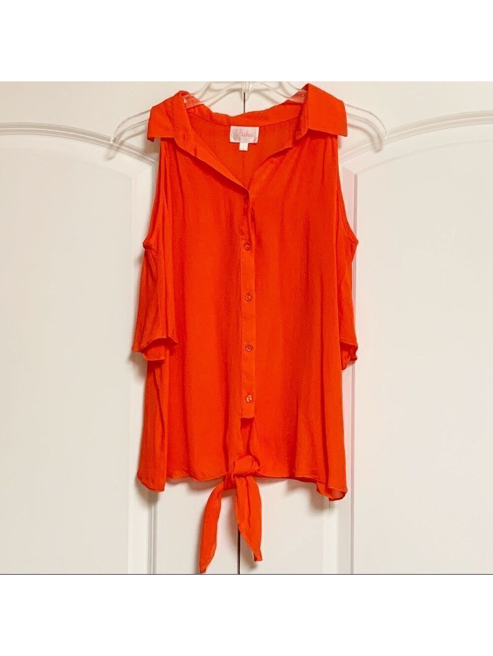 Parker Silk Orange Cold Shoulder Ruffle Waist Tie Short Sleeve Blouse L [COPY]